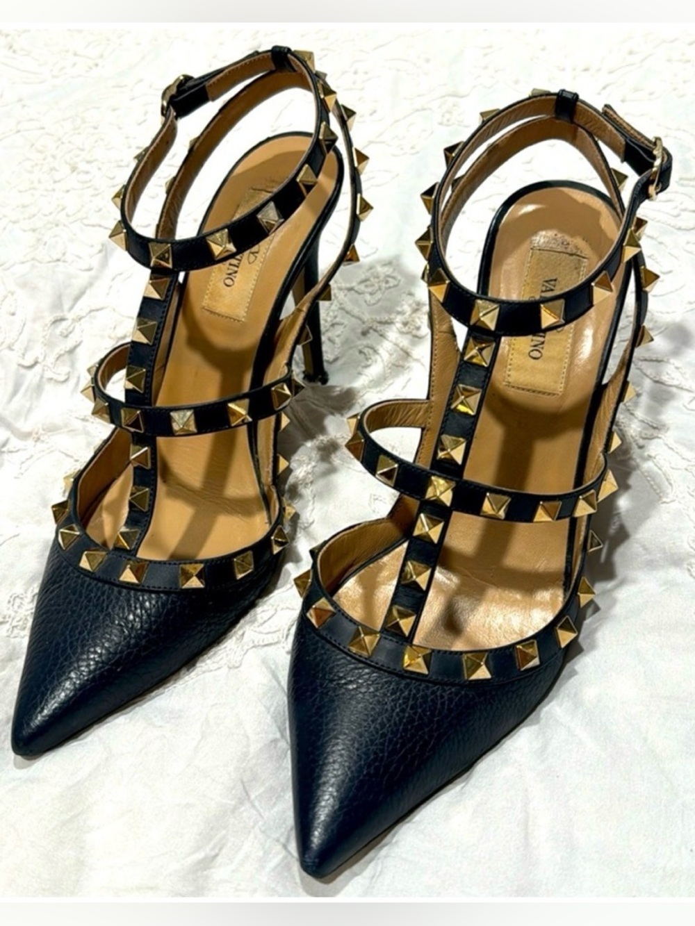 Valentino Garavani Black Leather Rockstud T-Strap Pointed Heels with Gold Studs